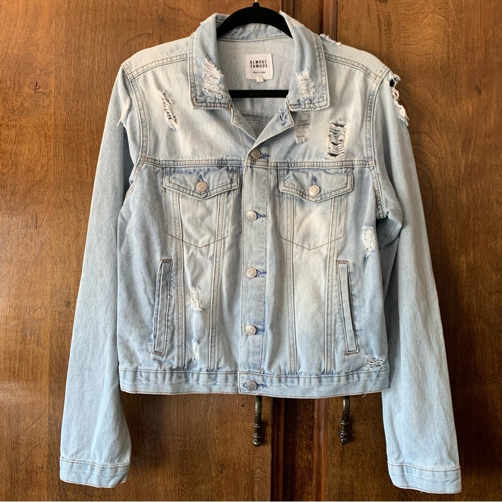 Almost Famous Light Wash Distressed Denim Jacket - Light Blue